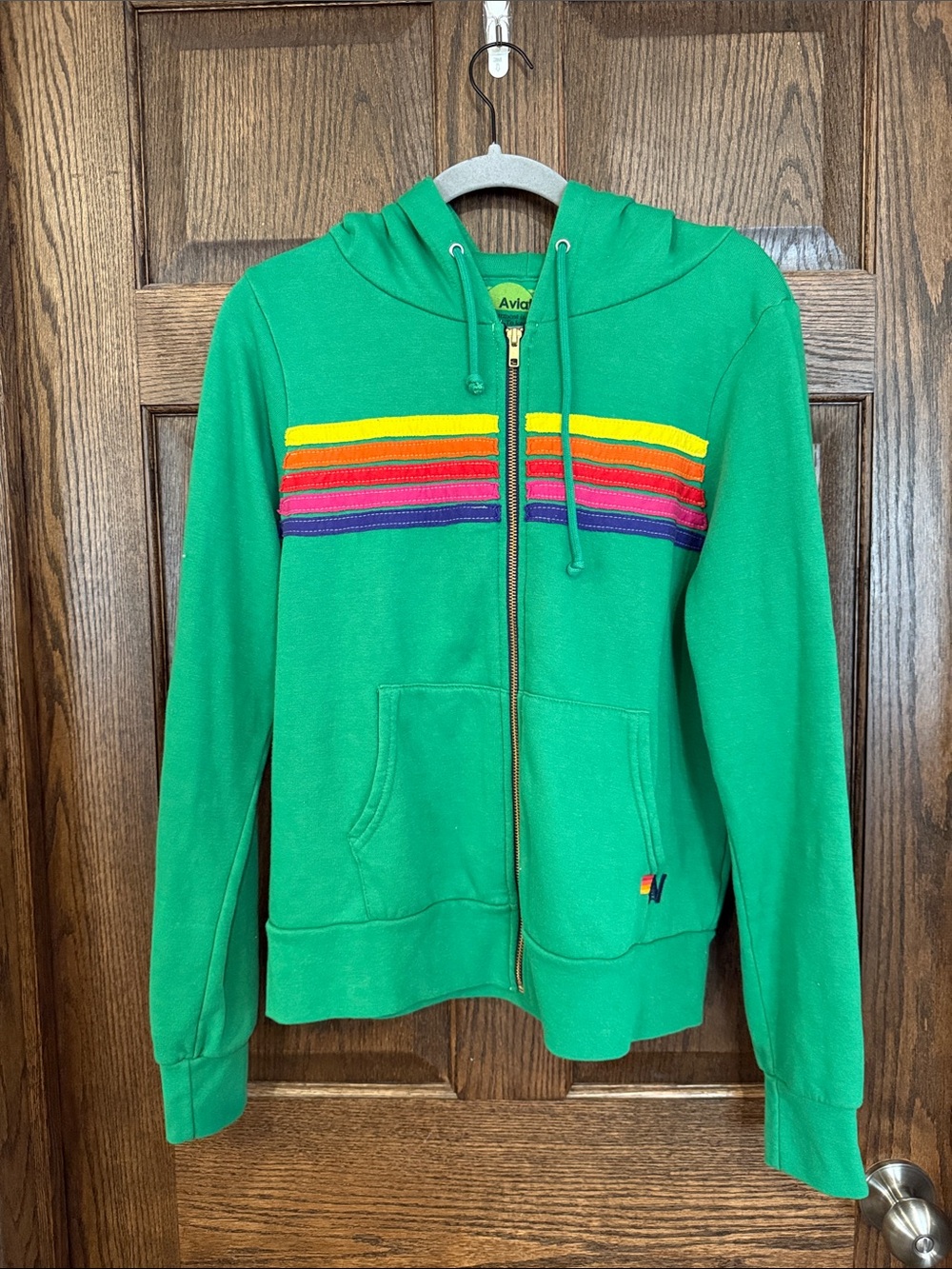 Aviator Nation Green Zip Up Hoodie with Rainbow Chest Stripes Small Unisex
